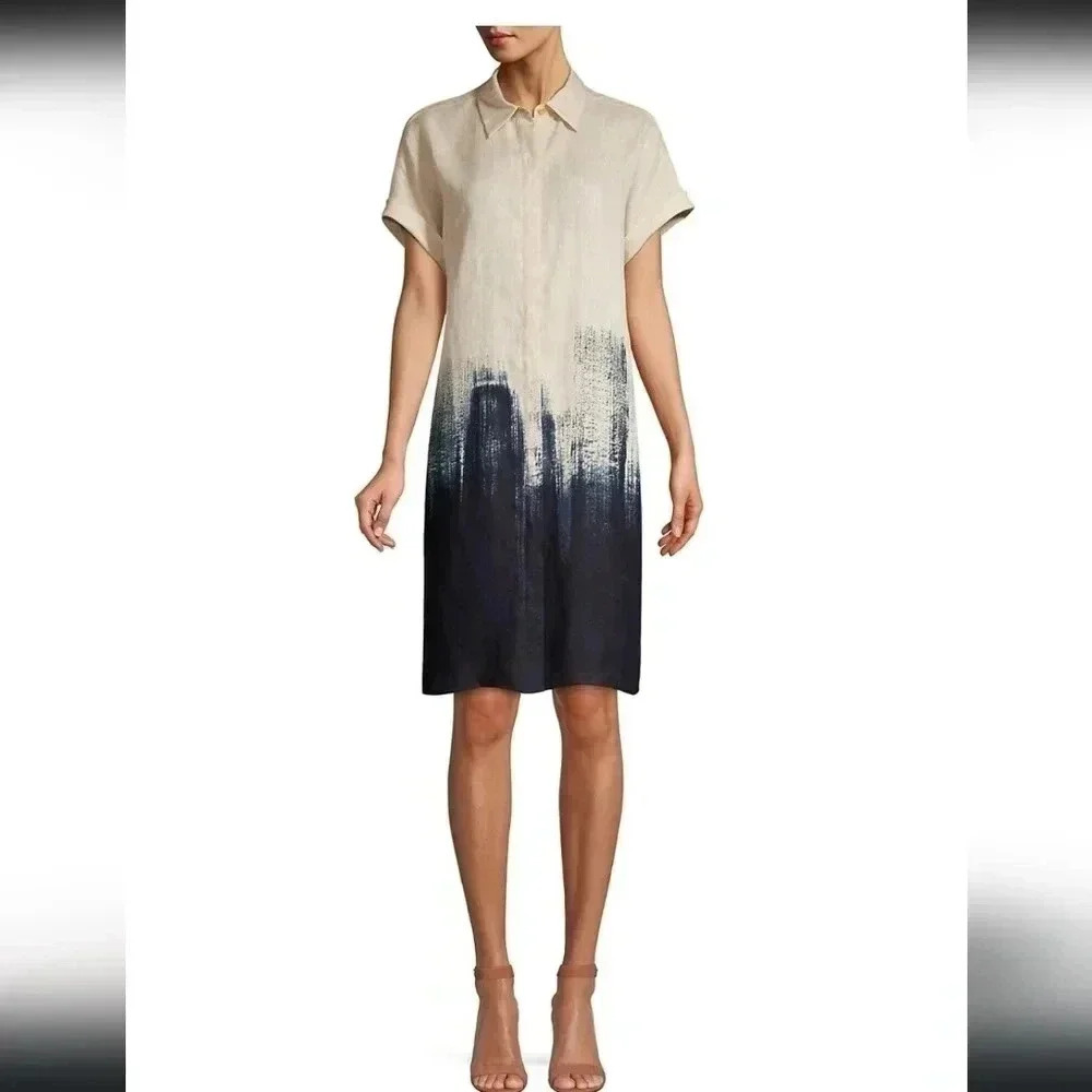 Lafayette 148 Jasarah Brushstroke Linen Shirt Dress(XS)
